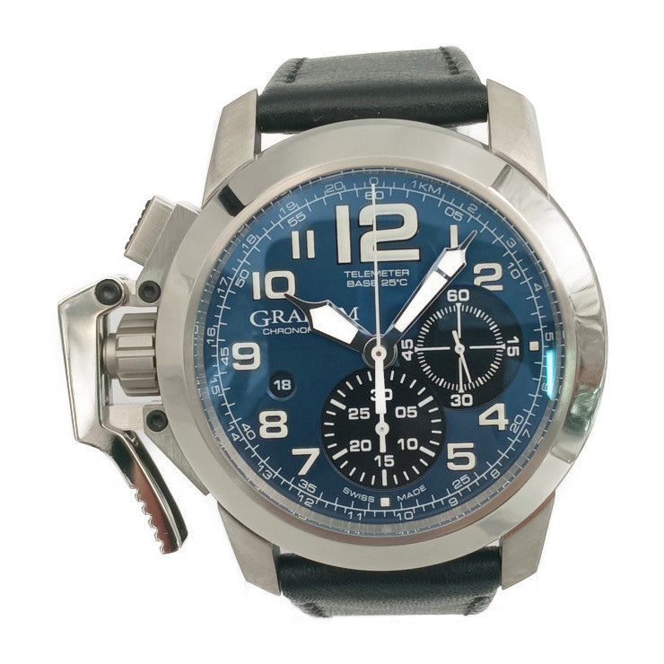 新品未使用展示品 GRAHAM グラハム 腕時計 クロノファイター オーバーサイズ 2CCAS.U01A シルバー ブルー系 ホワイト ブラック ステンレス レザー メンズ 自動巻き 裏スケ デイト