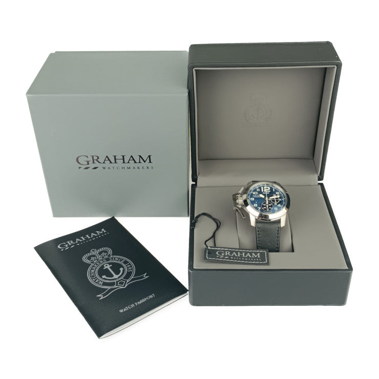 新品未使用展示品 GRAHAM グラハム 腕時計 クロノファイター オーバーサイズ 2CCAS.U01A シルバー ブルー系 ホワイト ブラック ステンレス レザー メンズ 自動巻き 裏スケ デイト