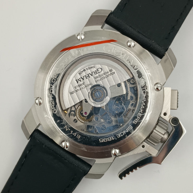 新品未使用展示品 GRAHAM グラハム 腕時計 クロノファイターオーバーサイズ 2CCAS.G01A シルバー ブラック オリーブグリーン系 ステンレス レザー メンズ 自動巻き 裏スケ デイト