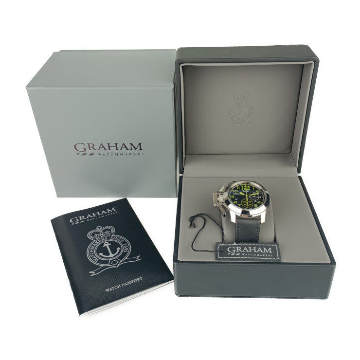 新品未使用展示品 GRAHAM グラハム 腕時計 クロノファイターオーバーサイズ 2CCAS.G01A シルバー ブラック オリーブグリーン系 ステンレス レザー メンズ 自動巻き 裏スケ デイト