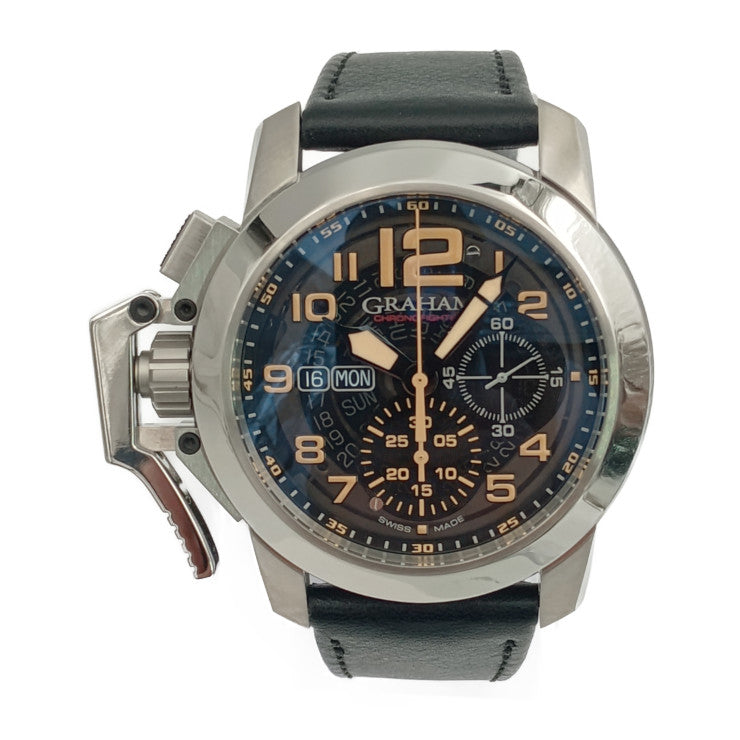 新古未使用展示品 GRAHAM グラハム 腕時計 クロノファイター オーバーサイズ 2CCAS.B32A シルバー ブラック ベージュ系 ステンレス レザー メンズ 自動巻き 裏スケ デイデイト