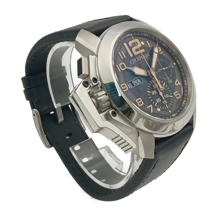新古未使用展示品 GRAHAM グラハム 腕時計 クロノファイター オーバーサイズ 2CCAS.B32A シルバー ブラック ベージュ系 ステンレス レザー メンズ 自動巻き 裏スケ デイデイト