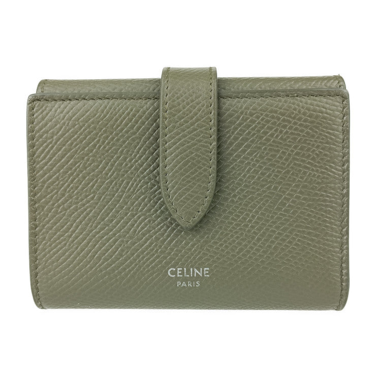 美品 CELINE セリーヌ 三つ折り財布 ファインストラップウォレット 10H483BEL.31DO ダークオリーブ グレインドカーフスキン レディース コンパクト財布