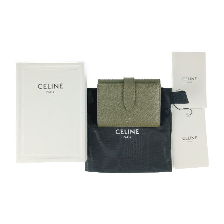 美品 CELINE セリーヌ 三つ折り財布 ファインストラップウォレット 10H483BEL.31DO ダークオリーブ グレインドカーフスキン レディース コンパクト財布