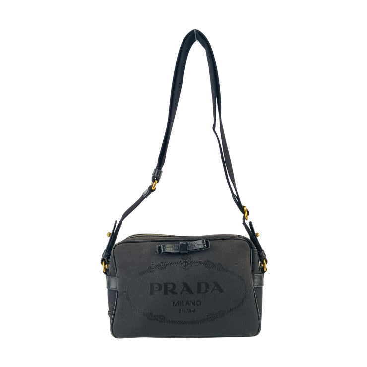 PRADA プラダ クロスボディバッグ ロゴ ジャガード ショルダーバッグ 1BH089 ブラック キャンバス レザー レディース リボン ゴールド金具