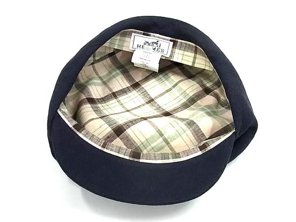 HERMES エルメス キャスケット Paola パオラ ネイビー リネン100％ レディース 帽子 ロゴ刺繍 チェック柄 美品