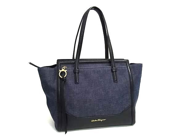 Salvatore Ferragamo フェラガモ ハンドバッグ ガンチーニ エイミー EZ21 F759 ネイビー ブラック デニム×レザー レディース ゴールド金具 美品