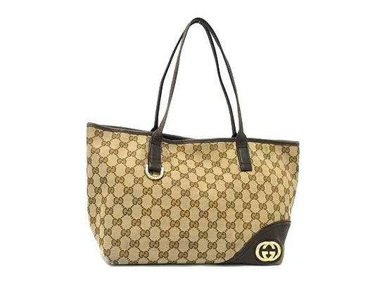 GUCCI グッチ トートバッグ ニューブリット 169946 ベージュ系 ブラウン系 GGキャンバス レザー レディース ショルダーバッグ ゴールド金具