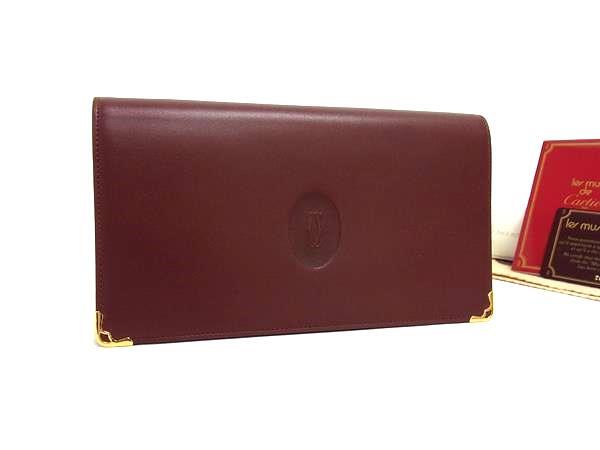 超美品 Cartier カルティエ 長財布 マストライン がま口 長財布 73184183 ボルドー レザー レディース フラップ ゴールド金具