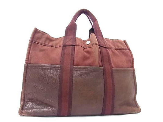 HERMES エルメス トートバッグ フールトゥ MM - ボルドー系 ブラウン系 コットン レザー ユニセックス ハーフレザー