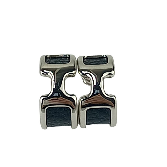 HERMES エルメス ピアス オランプ PM - シルバー ブラック メタル レザー レディース 美品