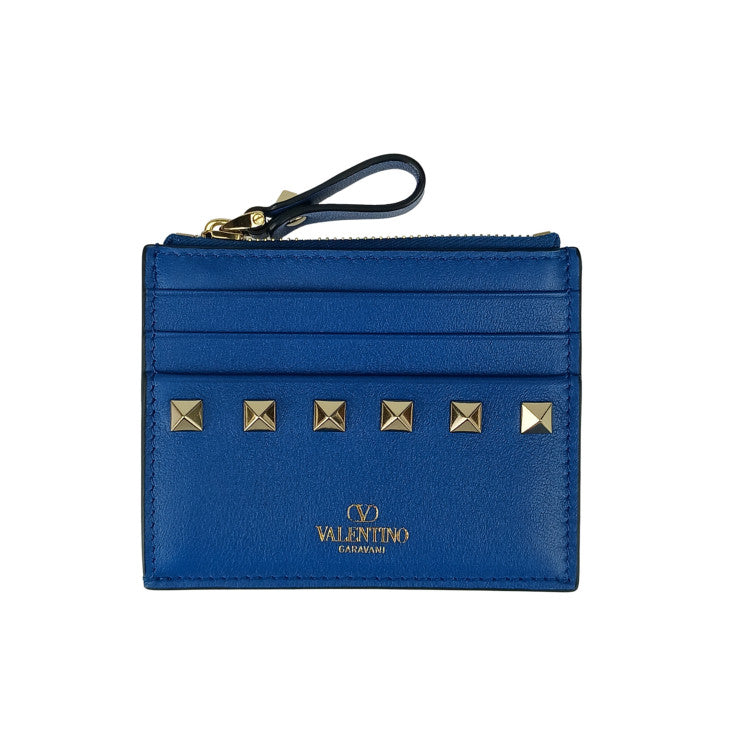 VALENTINO GARAVANI ヴァレンティノ ガラヴァーニ カードケース ロックスタッズ カードホルダー 6W2P0T35BOL ブルー レザー ユニセックス フラグメントケース ゴールド金具 超美品