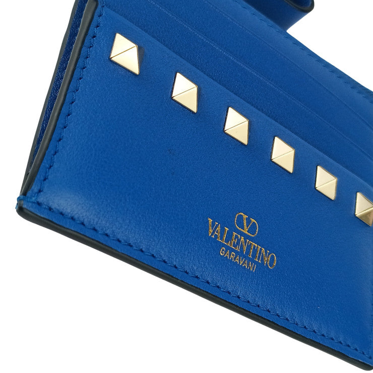VALENTINO GARAVANI ヴァレンティノ ガラヴァーニ カードケース ロックスタッズ カードホルダー 6W2P0T35BOL ブルー レザー ユニセックス フラグメントケース ゴールド金具 超美品