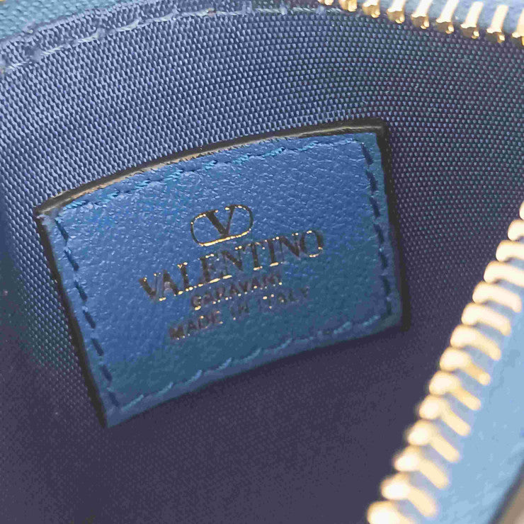 VALENTINO GARAVANI ヴァレンティノ ガラヴァーニ カードケース ロックスタッズ カードホルダー 6W2P0T35BOL ブルー レザー ユニセックス フラグメントケース ゴールド金具 超美品