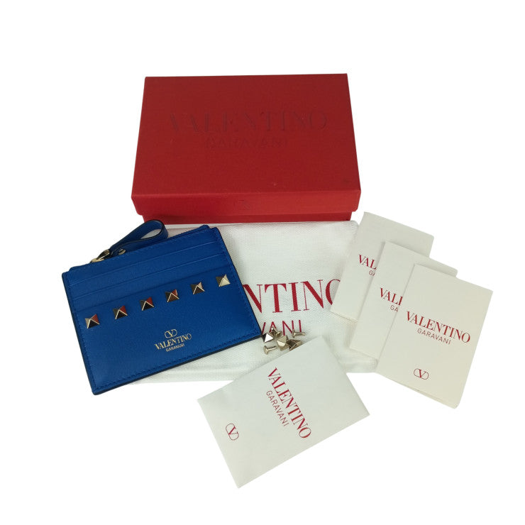 VALENTINO GARAVANI ヴァレンティノ ガラヴァーニ カードケース ロックスタッズ カードホルダー 6W2P0T35BOL ブルー レザー ユニセックス フラグメントケース ゴールド金具 超美品