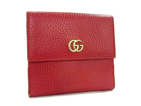 GUCCI グッチ 財布 GGマーモント 456122 レッド レザー レディース Wホック 二つ折り 財布 ゴールド金具 美品