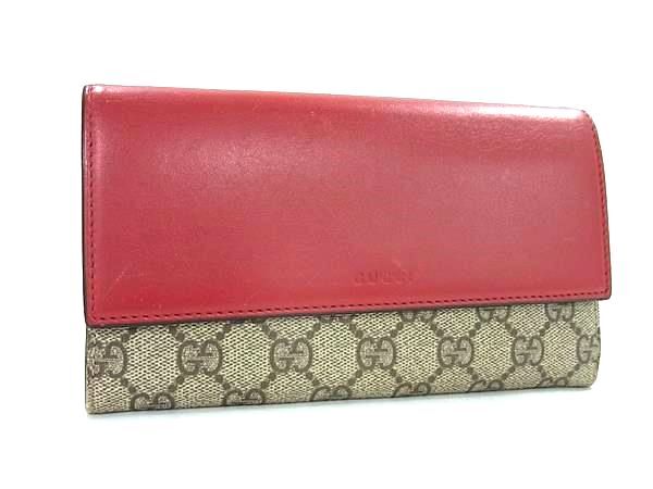 GUCCI グッチ 財布 GGスプリーム 410100 ベージュ レッド PVC×レザー レディース 二つ折り 長財布 美品