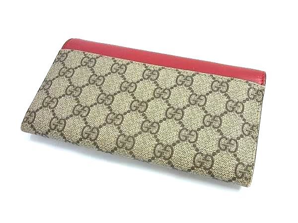 GUCCI グッチ 財布 GGスプリーム 410100 ベージュ レッド PVC×レザー レディース 二つ折り 長財布 美品