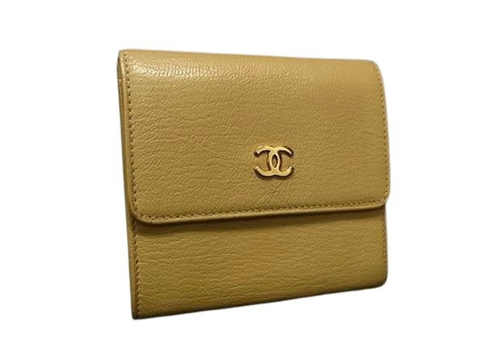 CHANEL シャネル 財布 ココマーク ベージュ レザー レディース Wホック 三つ折り 財布 ゴールド金具