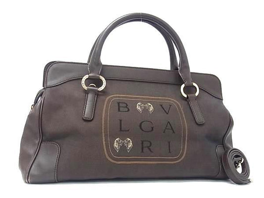 BVLGARI ブルガリ ハンドバッグ テリートート ブラウン系 キャンバス レザー レディース ロゴ 2WAY ゴールド金具 美品