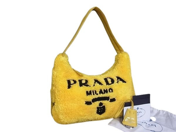 PRADA プラダ ハンドバッグ テリー ミニ ReEdition2000 1NE515 イエロー ブラック パイル レディース 白タグ 美品
