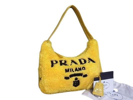 PRADA プラダ ハンドバッグ テリー ミニ ReEdition2000 1NE515 イエロー ブラック パイル レディース 白タグ 美品