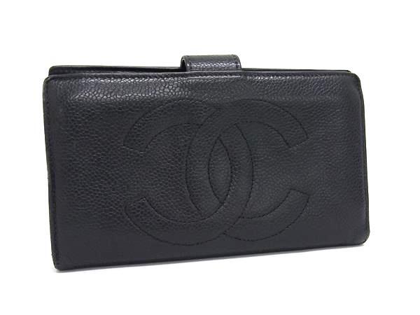 CHANEL シャネル 財布 ココマーク A13498 ブラック キャビアスキン レディース がま口 二つ折り 長財布 ゴールド金具
