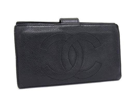 CHANEL シャネル 財布 ココマーク A13498 ブラック キャビアスキン レディース がま口 二つ折り 長財布 ゴールド金具