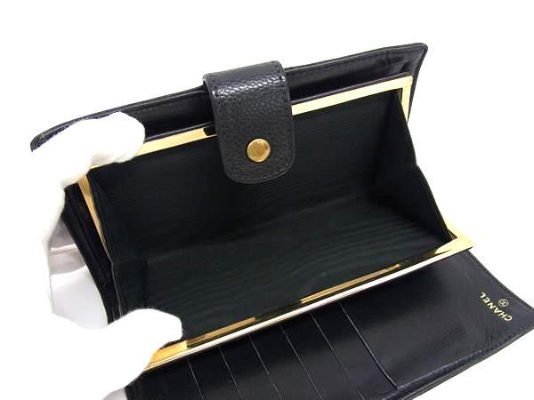 CHANEL シャネル 財布 ココマーク A13498 ブラック キャビアスキン レディース がま口 二つ折り 長財布 ゴールド金具