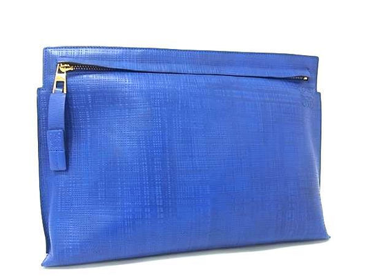 LOEWE ロエベ クラッチバッグ アナグラム Tポーチ 5217 06 ブルー レザー ユニセックス ゴールド金具 美品