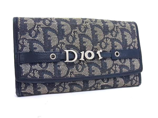 ChristianDior クリスチャンディオール 財布 トロッター - ネイビー系 キャンバス×レザー レディース ロゴ Wホック 二つ折り 長財布 シルバー金具