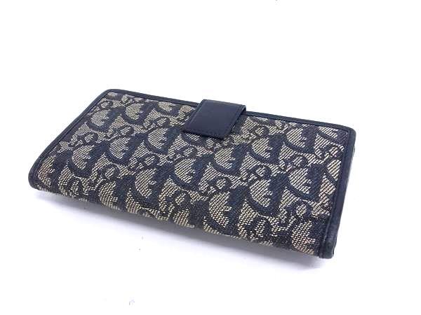 ChristianDior クリスチャンディオール 財布 トロッター - ネイビー系 キャンバス×レザー レディース ロゴ Wホック 二つ折り 長財布 シルバー金具