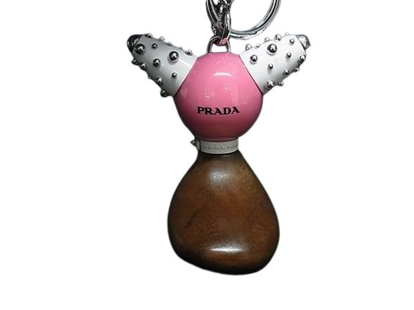 PRADA プラダ キーホルダー TRICK ROBOT 1TR062 ピンク ホワイト ブラウン シルバー ウッド メタル ユニセックス 美品
