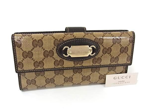 GUCCI グッチ 財布 GGクリスタル 231841 ベージュ ブラウン コーティングキャンバス×レザー ユニセックス Wホック 二つ折り長財布 ゴールド金具 美品