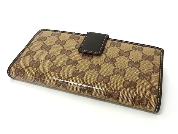 GUCCI グッチ 財布 GGクリスタル 231841 ベージュ ブラウン コーティングキャンバス×レザー ユニセックス Wホック 二つ折り長財布 ゴールド金具 美品