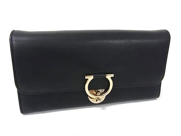 Salvatore Ferragamo フェラガモ 財布 ガンチーニ IY-22D184 ブラック レザー レディース 三つ折り長財布 ゴールド金具 美品