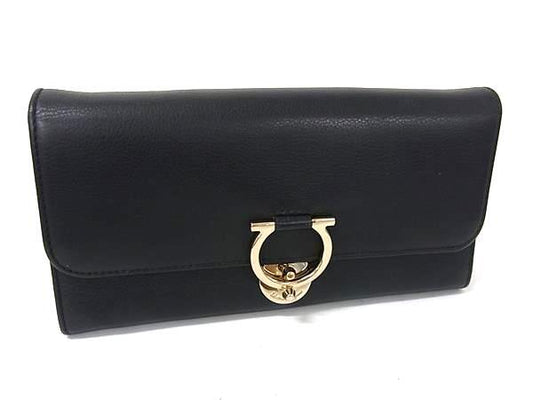 Salvatore Ferragamo フェラガモ 財布 ガンチーニ IY-22D184 ブラック レザー レディース 三つ折り長財布 ゴールド金具 美品