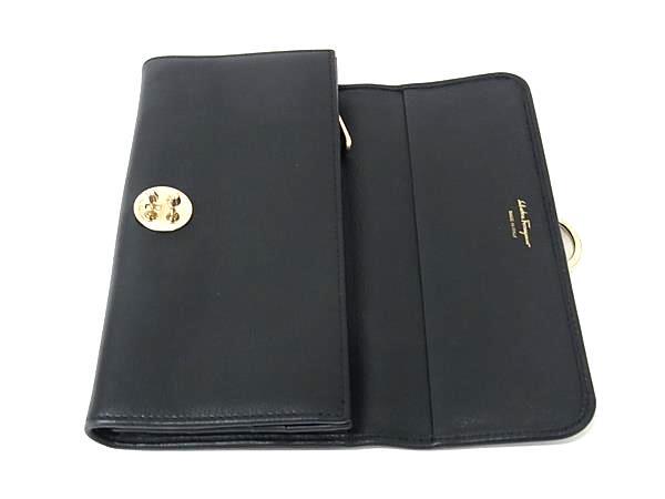 Salvatore Ferragamo フェラガモ 財布 ガンチーニ IY-22D184 ブラック レザー レディース 三つ折り長財布 ゴールド金具 美品