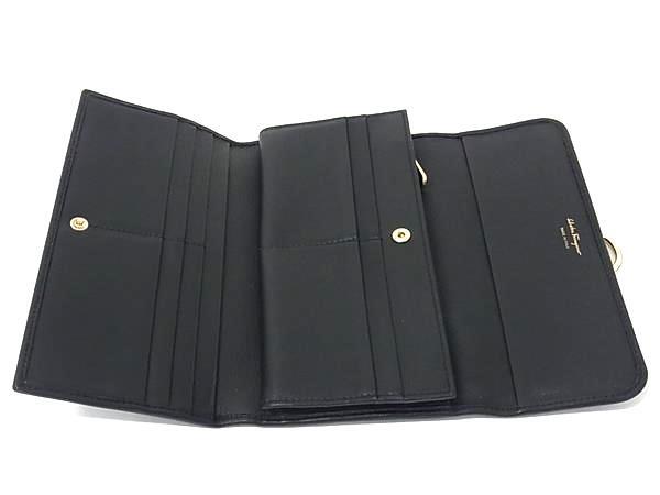 Salvatore Ferragamo フェラガモ 財布 ガンチーニ IY-22D184 ブラック レザー レディース 三つ折り長財布 ゴールド金具 美品