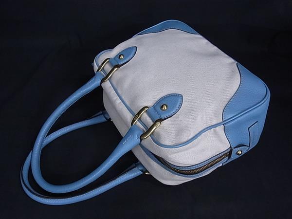 J&M DAVIDSON ジェイアンドエムデヴィッドソン ハンドバッグ MINI MIA - アイボリー ライトブルー キャンバス×レザー レディース ゴールド金具 美品