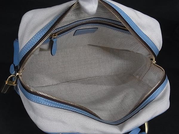 J&M DAVIDSON ジェイアンドエムデヴィッドソン ハンドバッグ MINI MIA - アイボリー ライトブルー キャンバス×レザー レディース ゴールド金具 美品