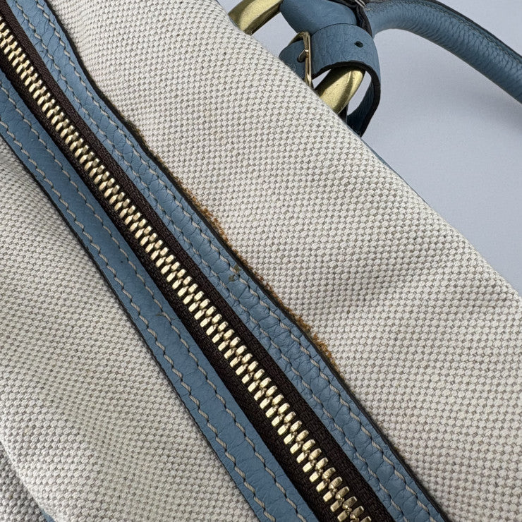 J&M DAVIDSON ジェイアンドエムデヴィッドソン ハンドバッグ MINI MIA - アイボリー ライトブルー キャンバス×レザー レディース ゴールド金具 美品