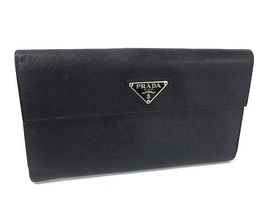 PRADA プラダ 財布 トライアングルロゴ 1M1133 ブラック サフィアーノレザー ユニセックス Wホック 二つ折り長財布 三角ロゴマーク シルバー金具 美品