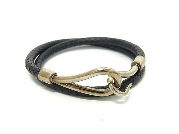 HERMES エルメス チョーカー ジャンボ - ブラック系 レザー ユニセックス 編込み 2連 ブレスレット シルバー金具