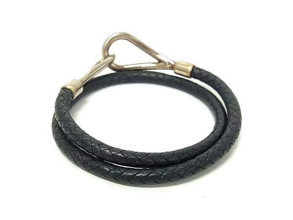 HERMES エルメス チョーカー ジャンボ - ブラック系 レザー ユニセックス 編込み 2連 ブレスレット シルバー金具