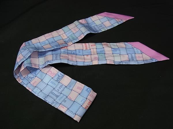 HERMES エルメス リボンスカーフ ツイリー ボルデュック チェック - ブルー系×ピンク系 シルク100% レディース 美品