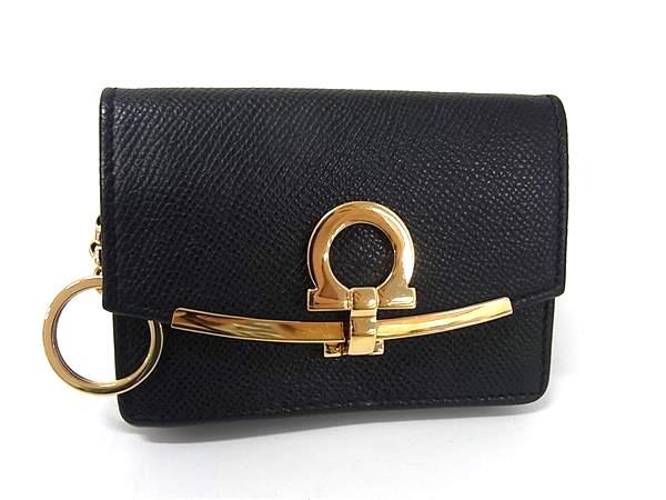 Salvatore Ferragamo フェラガモ 名刺入れ ガンチーニ カードケース 22 D198 ブラック レザー レディース ゴールド金具 美品