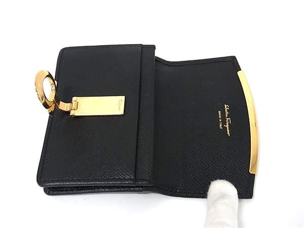 Salvatore Ferragamo フェラガモ 名刺入れ ガンチーニ カードケース 22 D198 ブラック レザー レディース ゴールド金具 美品