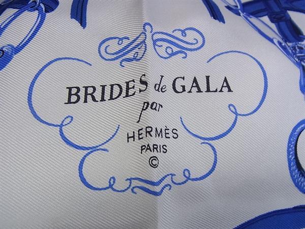 HERMES エルメス スカーフ カレ45 アイボリー ブルー シルク100% レディース プチカレ BRIDES de GALA 式典用馬勒 美品
