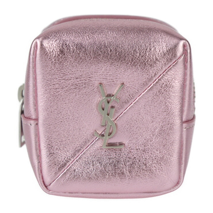 超美品 SAINT LAURENT PARIS サンローランパリ ジェイミーキューブ ポーチ キーホルダー 669964 レザー メタリックピンク シルバー金具 ミニポーチ バッグチャーム スクエア コインケース 小物入れ